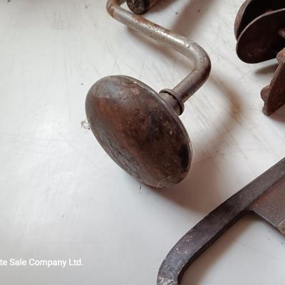 Vintage hand tools - planer = drill - and drawknife
