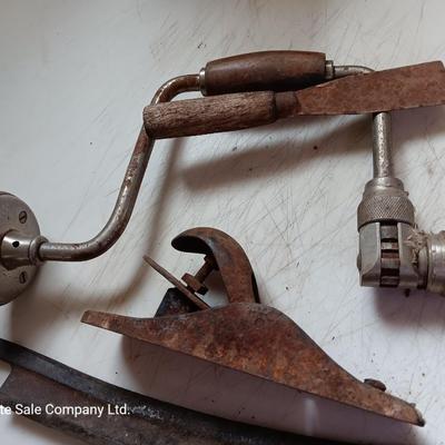 Vintage hand tools - planer = drill - and drawknife