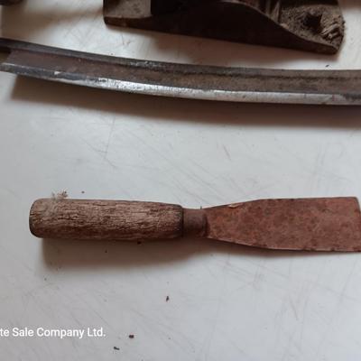 Vintage hand tools - planer = drill - and drawknife