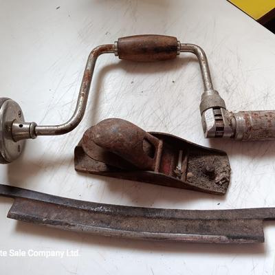Vintage hand tools - planer = drill - and drawknife