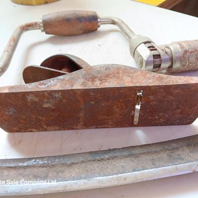Vintage hand tools - planer = drill - and drawknife