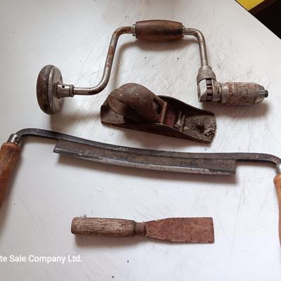 Vintage hand tools - planer = drill - and drawknife