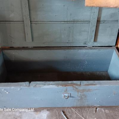 Long grey wooden storage box / lidded tool crate
