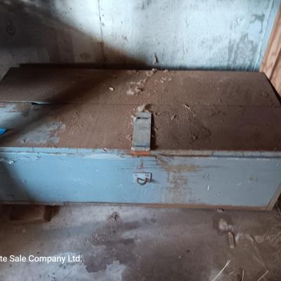 Long grey wooden storage box / lidded tool crate