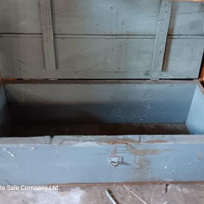 Long grey wooden storage box / lidded tool crate