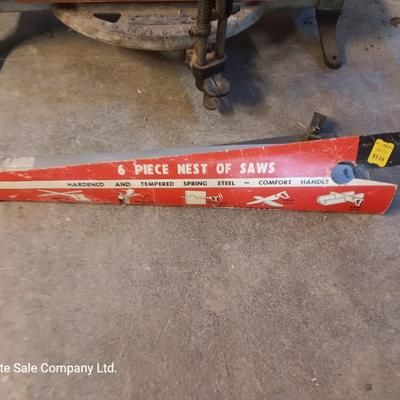 Antique cast - like Miter box with handsaw that has several blade attachments.