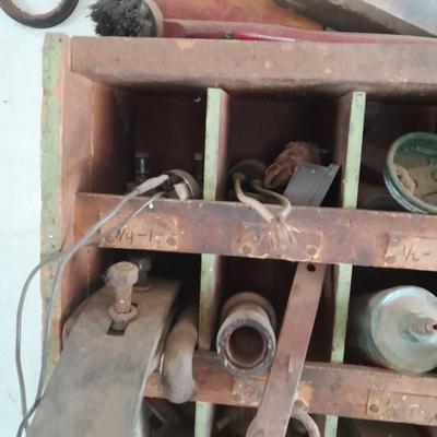 Vintage Divided wooden organizer box full of assorted hardware.