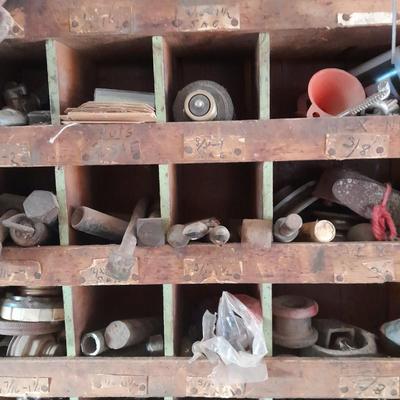Vintage Divided wooden organizer box full of assorted hardware.