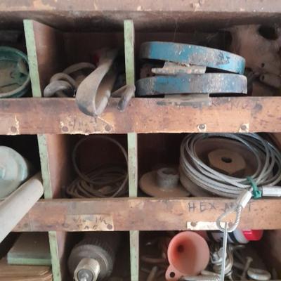 Vintage Divided wooden organizer box full of assorted hardware.