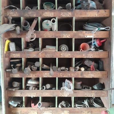 Vintage Divided wooden organizer box full of assorted hardware.