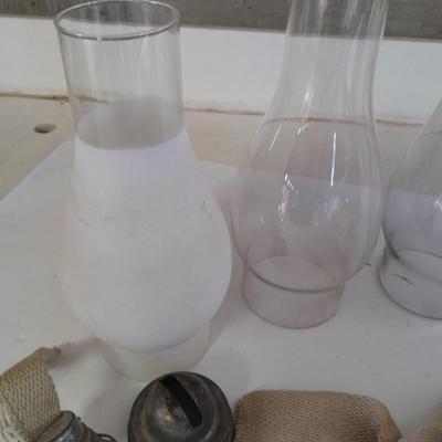 Four oil lantern glass globes / chimney with wicks and 2 vintage tops