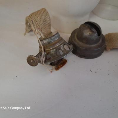 Four oil lantern glass globes / chimney with wicks and 2 vintage tops