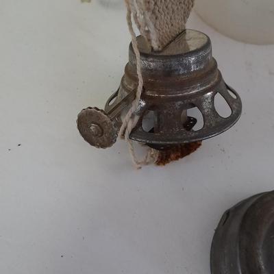 Four oil lantern glass globes / chimney with wicks and 2 vintage tops
