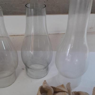 Four oil lantern glass globes / chimney with wicks and 2 vintage tops