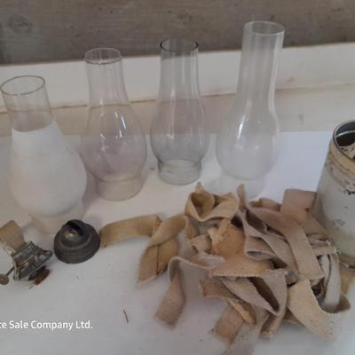 Four oil lantern glass globes / chimney with wicks and 2 vintage tops