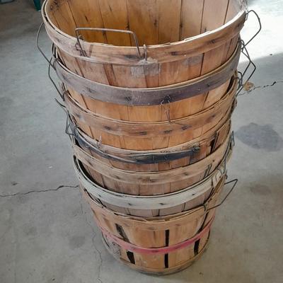 Seven wooden baskets with handles - produce baskets