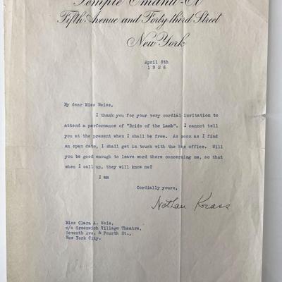 1926 Temple Emanu-El Rabbi Nathan Krass signed letter