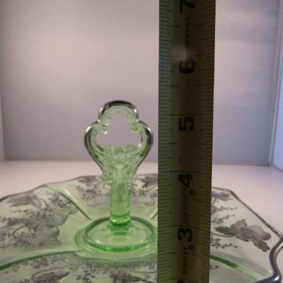 Vintage Uranium Glass with Silver Overlay Center Handle Serving Plate- Approx 10 1/2