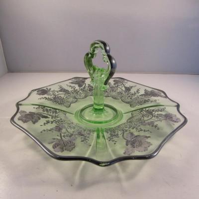 Vintage Uranium Glass with Silver Overlay Center Handle Serving Plate- Approx 10 1/2