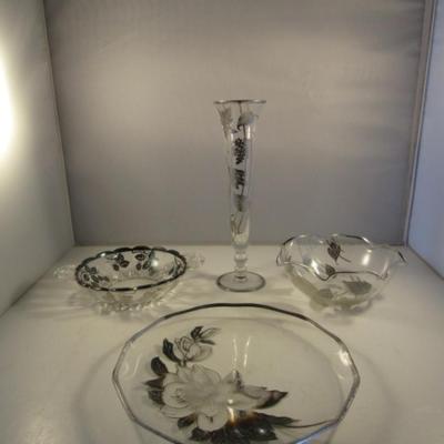 Collection of Glass with Sterling Silver Overlay Tableware- Platter, Bowls, and Vase