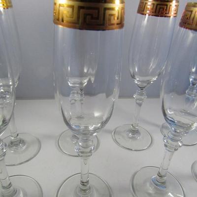 Crystal Champagne Flutes- Gold Greek Key Pattern- Set of Eight