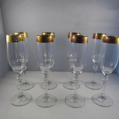 Crystal Champagne Flutes- Gold Greek Key Pattern- Set of Eight