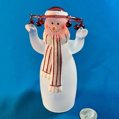 FANCY GLASS SNOW LADY FIGURE WITH DANGLY BELLS ON HER HAT
