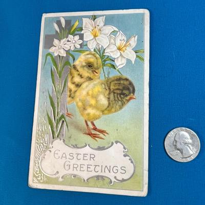VINTAGE EASTER GREETINGS EMBOSSED POST CARD with SILVER PAINTED EMBELLISHMENT