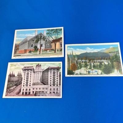 SET OF 3 LINEN VINTAGE SALT LAKE POST CARDS: TABERNACLE, HOTEL UTAH, LION HOUSE