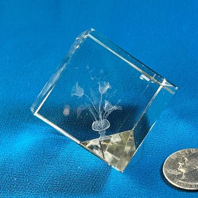 GLASS CUBE WITH ETCHED FLOWER INSIDE