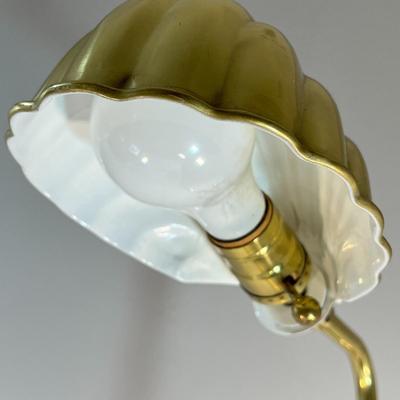 BRASS CHAIR SIDE FLOOR LAMP WITH SHELL SHAPED SHADE, ADJUSTABLE HEIGHT