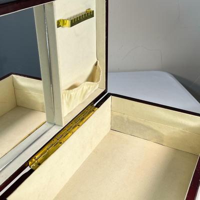 MAHOGANY COLOR WOOD JEWELRY BOX WITH BRASS ACCENTS, VELVETEEN LINED