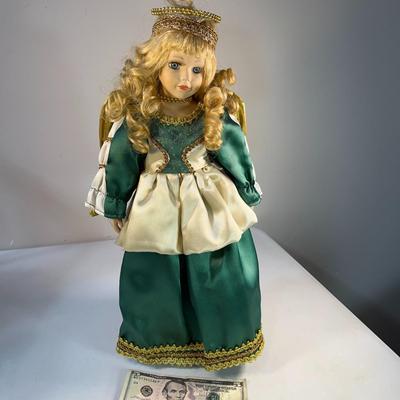 LOVELY GREEN & GOLD ANGEL PORCELAIN DOLL WITH STAND