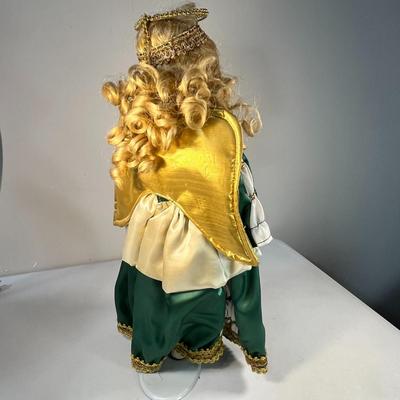 LOVELY GREEN & GOLD ANGEL PORCELAIN DOLL WITH STAND
