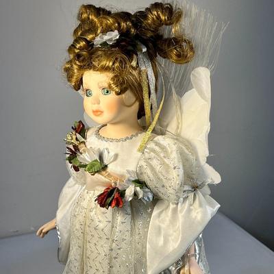 FANCY CHRISTMAS ANGEL PORCELAIN DOLL WITH STAND  NICE DETAIL!