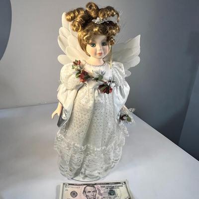 FANCY CHRISTMAS ANGEL PORCELAIN DOLL WITH STAND  NICE DETAIL!