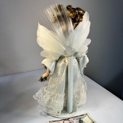 FANCY CHRISTMAS ANGEL PORCELAIN DOLL WITH STAND  NICE DETAIL!