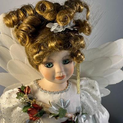 FANCY CHRISTMAS ANGEL PORCELAIN DOLL WITH STAND  NICE DETAIL!