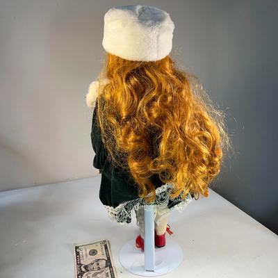 WINTER GIRL IN VELVET AND FUR PORCELAIN DOLL WITH STAND