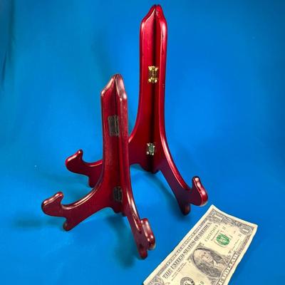 PAIR OF CHERRY WOOD PLATE HOLDERS, ONE 10" TALL, ONE 7-1/2" TALL
