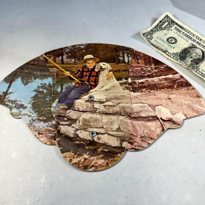 VINTAGE "FISHING FRIENDS" TRI-FOLD ADVERTISING FAN