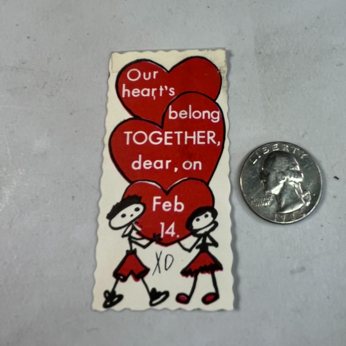 VINTAGE VALENTINE STICK FIGURES "OUR HEARTS BELONG TOGETHER DEAR