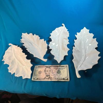 SET OF 4 LOVELY WHITE PORCELAIN HOLLY LEAF SHAPED DISHES MADE IN FRANCE