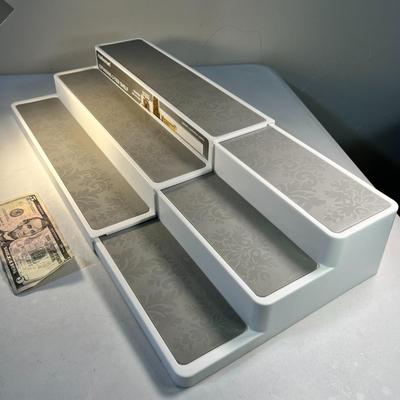 EXPANDING 3-TIER SHELF, GREY AND WHITE, NEW CONDITION WITH TAGS STILL ON