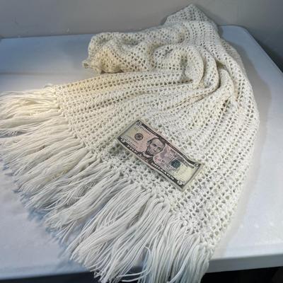 CROCHETED WHITE SHAWL/SCARF WITH FRINGE