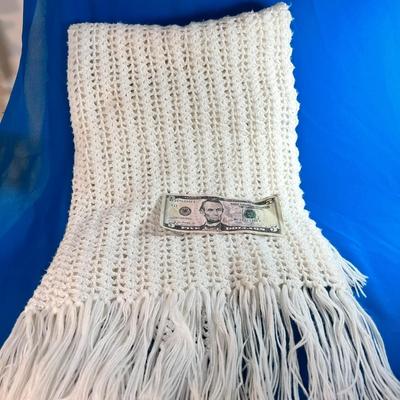 CROCHETED WHITE SHAWL/SCARF WITH FRINGE
