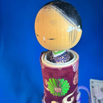 JAPANESE SCROLL DOLL/FIGURE WITH SILK BROCADE WRAPPING AND 6 FOOT SCROLL