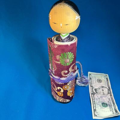 JAPANESE SCROLL DOLL/FIGURE WITH SILK BROCADE WRAPPING AND 6 FOOT SCROLL