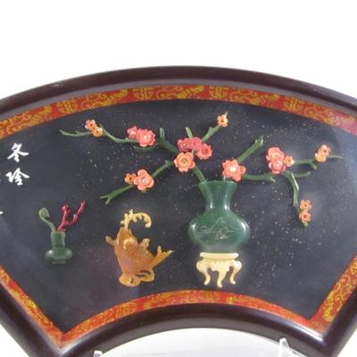 Asian Shadow Box with Jade Art- Approx 13 1/2