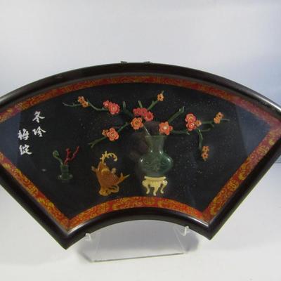 Asian Shadow Box with Jade Art- Approx 13 1/2